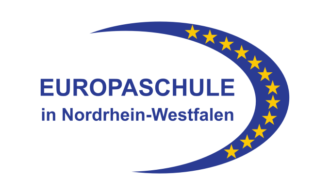 Siegel „Europaschule in Nordrhein-Westfalen“ mit blauem Bogen und gelben Sternen