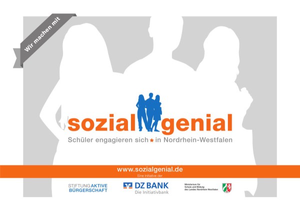 Schild „Wir machen mit bei sozialgenial“, Schüler engagieren sich in Nordrhein-Westfalen
